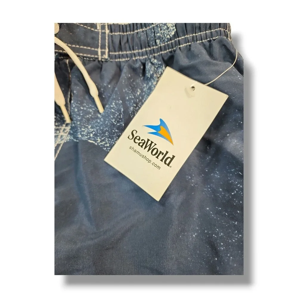 New Sea World Swim Trunks Shorts Navy‎ Blue & White Boy's Size M 10/12